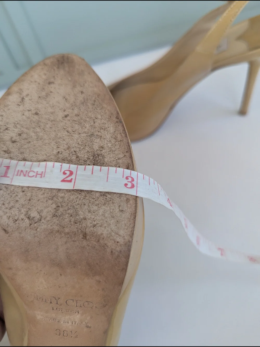 Jimmy Choo Beige Patent Leather Peep-Toe Slingback Wedges